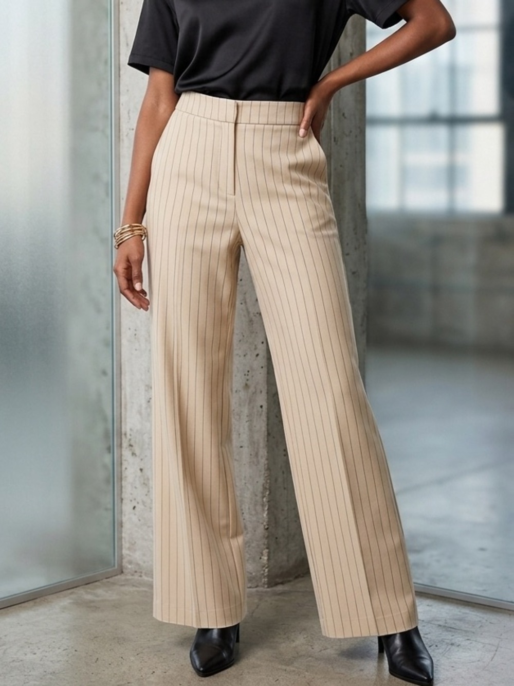 Beige Pinstripe Wide Leg Trousers